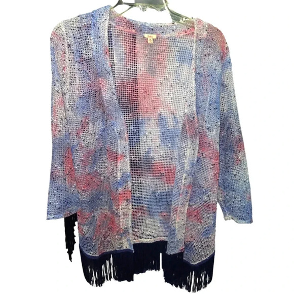 Reba Red White Blue Fringe Knit Cardigan - Picture 1 of 5